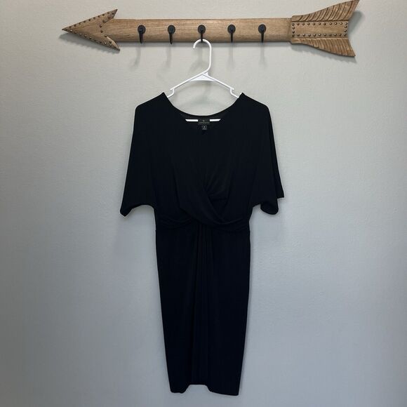 Worthington | Black Twist Front Surplice Stretchy Short Sleeve Midi Dress Small - Picture 1 of 6